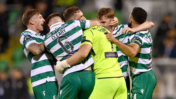 Shamrock Rovers players celebrate after the final whistle in the UEFA Conference League Play-off Round second leg match between Shamrock Rovers and Santa Clara at Tallaght Stadium