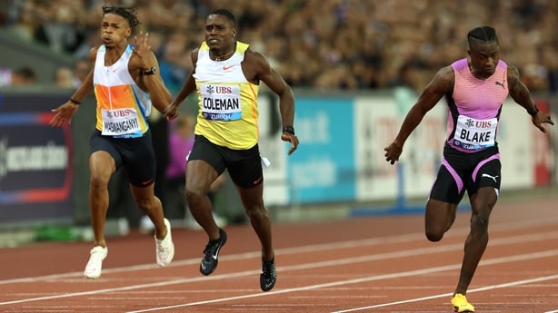ZURICH, SWITZERLAND - AUGUST 28: Christian Coleman of Team USA crosses the finish line to win the Men's 100m Final during the Weltklasse Zurich, part of the 2025 Diamond League at Letzigrund on August 28, 2025 in Zurich, Switzerland. (Photo by Alexander Hassenstein/Getty Images)