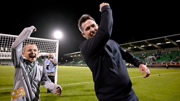 Shamrock Rovers manager Stephen Bradley and his son Josh celebrate after the UEFA Conference League Play-off Round second leg match between Shamrock Rovers and Santa Clara at Tallaght Stadium in Dublin.