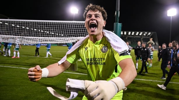 Shamrock Rovers goalkeeper Ed McGinty celebrates after his side's victory in the UEFA Conference League Play-off Round second leg match between Shamrock Rovers and CD Santa Clara at Tallaght Stadium in Dublin