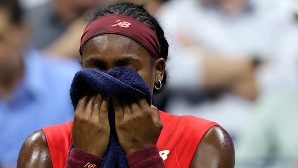NEW YORK, NEW YORK - AUGUST 28: Coco Gauff of the United States cries during a changeover against Donna Vekic of Croatia during their Women's Singles Second Round match on Day Five of the 2025 US Open at USTA Billie Jean King National Tennis Center on Aug