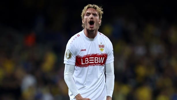 Nick Woltemade of VfB Stuttgart celebrates scoring his team's third goal during the DFB Cup Round One match between Eintracht Braunschweig and VfB Stuttgart at Eintracht-Stadion on August 26, 2025 in Braunschweig, Germany.