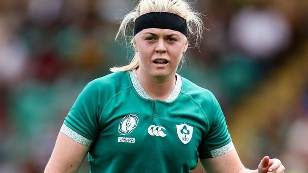 24 August 2025; Sam Monaghan of Ireland during the Women's Rugby World Cup 2025 Pool C match between Ireland and Japan at Franklin's Gardens in Northampton, England. Photo by Harry Murphy/Sportsfile