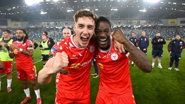 28 August 2025; John Martin, left, and Mipo Odubeko of Shelbourne celebrate after during the UEFA Conference League Play-off Round second leg match between Linfield and Shelbourne at the Clearer Twist National Football Stadium, Windsor Park in Belfast. Ph