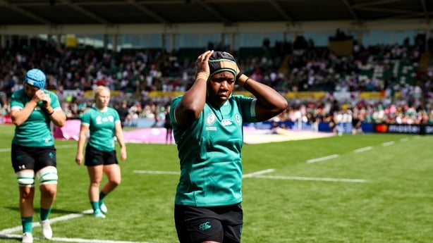 24 August 2025; Linda Djougang of Ireland before the Women's Rugby World Cup 2025 Pool C match between Ireland and Japan at Franklin's Gardens in Northampton, England. Photo by Harry Murphy/Sportsfile