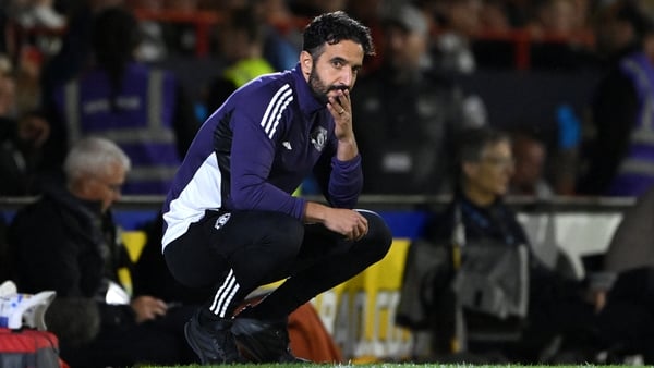 Ruben Amorim, Manager of Manchester United, looks dejected after his team concede during the Carabao Cup Second Round match between Grimsby Town and Manchester United at Blundell Park