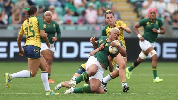 NORTHAMPTON, ENGLAND - AUGUST 24: South Africa's Aseza Hele surges forward during the Women's Rugby World Cup 2025 Pool D match between South Africa and Brazil at Franklin's Gardens on August 24, 2025 in Northampton, England. (Photo by Rob Newell - CameraSport via Getty Images)