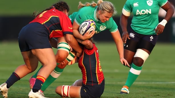 DUBAI, UNITED ARAB EMIRATES - OCTOBER 28: Dorothy Wallof Ireland is tackled by Laura Delgado and Vico Gorrochategui Juste of Spain during the WXV 3 2023 match between Ireland and Spain at The Sevens Stadium on October 28, 2023 in Dubai, United Arab Emirates. (Photo by Christopher Pike - World Rugby