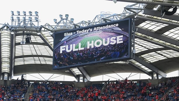 20 July 2025; The big screen shows a "Full House" attendance during the GAA Hurling All-Ireland Senior Championship final match between Cork and Tipperary at Croke Park in Dublin. Photo by Stephen McCarthy/Sportsfile