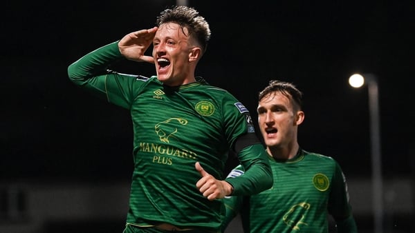 29 August 2025; Chris Forrester of St Patrick's Athletic celebrates with team-mate Mason Melia, right, after scoring his side's second goal during the SSE Airtricity Men's Premier Division match between Derry City and St Patrick's Athletic at The Ryan McB