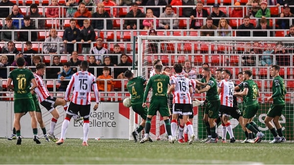 Alex Bannon of Derry City, left scores his second goal v St Pat's Athletic, Premier Division, August 2025