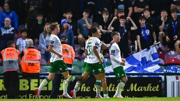 Evan McLaughlin of Cork City, right, celebrates after scoring his side's first goal during the SSE Airtricity Men's Premier Division match between Cork City and Waterford at Turner's Cross in Cork.