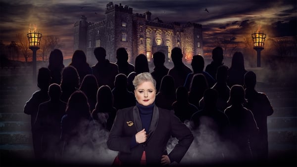 Siobhán McSweeney stands in front of the cast of Traitors Ireland