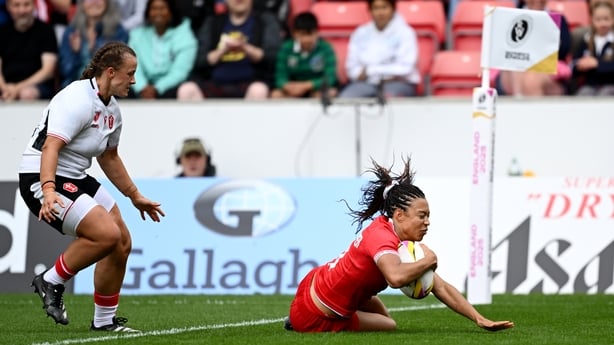 Asia Hogan-Rochester scoring a try for Canada against Wales, 2025 Women's Rugby World Cup