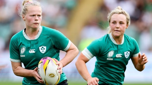 24 August 2025; Dannah O'Brien, left, and Aoife Dalton of Ireland during the Women's Rugby World Cup 2025 Pool C match between Ireland and Japan at Franklin's Gardens in Northampton, England. Photo by Harry Murphy/Sportsfile