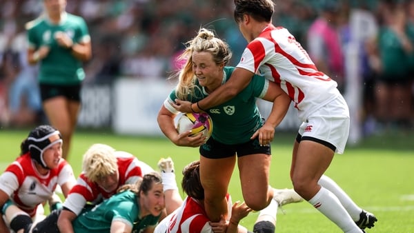 24 August 2025; Aoife Dalton of Ireland is tackled by Ayasa Otsuka, left, and Sora Nishimura of Japan during the Women's Rugby World Cup 2025 Pool C match between Ireland and Japan at Franklin's Gardens in Northampton, England. Photo by Harry Murphy/Sport