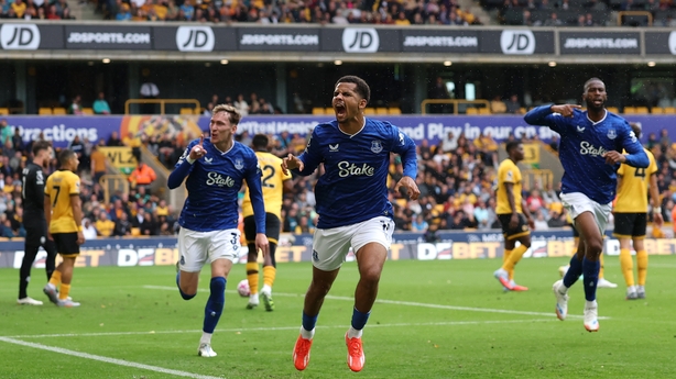  Iliman Ndiaye of Everton (C) after scoring his side's second goal against Wolves, Premier League, August 2025