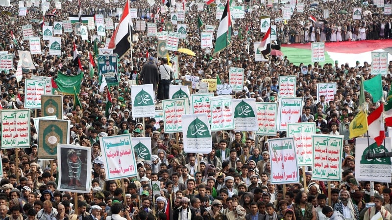 Protesters took part in a demonstration yesterday against Israel and in solidarity with Gaza in Sana'a, Yemen