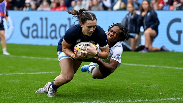 SALFORD, ENGLAND - AUGUST 30: Francesca McGhie of Scotland scores her team's fourth try during the Women's Rugby World Cup 2025 Pool B match between Scotland and Fiji at the Salford Community Stadium on August 30, 2025 in Salford, England. (Photo by Gareth Copley/Getty Images)
