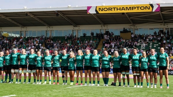 24 August 2025; Ireland players stand for the playing of the national anthems before the Women's Rugby World Cup 2025 Pool C match between Ireland and Japan at Franklin's Gardens in Northampton, England. Photo by Harry Murphy/Sportsfile