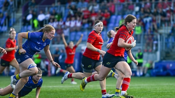Caitríona Finn of Munster on her way to scoring her side's sixth try during the Vodafone Women's Interprovincial Championship final match between Leinster and Munster at Energia Park in Dublin.