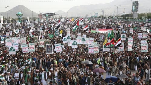 Protesters in Sanaa take part in a demonstration held against Israel and in solidarity with Gaza on Friday