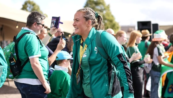 31 August 2025; Fiona Tuite of Ireland arrives for the Women's Rugby World Cup 2025 Pool C match between Ireland and Spain at Franklin's Gardens in Northampton, England. Photo by Harry Murphy/Sportsfile