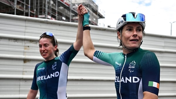 6 September 2024; Katie-George Dunlevy, right, and pilot Linda Kelly of Ireland celebrate after finishing second in the Women's B road race on day nine of the Paris 2024 Paralympic Games at Clichy-sous- Bois in Paris, France. Photo by Harry Murphy/Sportsf