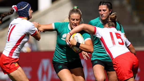 31 August 2025; Stacey Flood of Ireland is tackled by Clara Piquero, left, and Amalia Argudo of Spain during the Women's Rugby World Cup 2025 Pool C match between Ireland and Spain at Franklin's Gardens in Northampton, England. Photo by Harry Murphy/Sportsfile