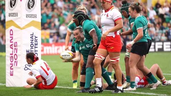 31 August 2025; Linda Djougang of Ireland celebrates after team-mate Eve Higgins scored their third try during the Women's Rugby World Cup 2025 Pool C match between Ireland and Spain at Franklin's Gardens in Northampton, England. Photo by Harry Murphy/Spo