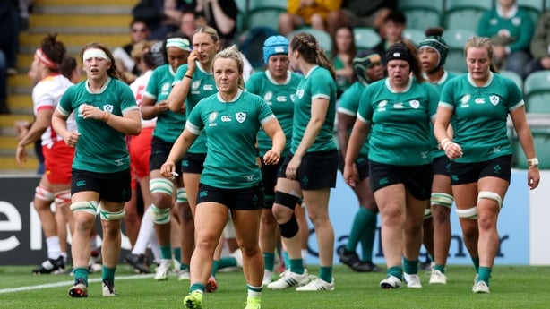 NORTHAMPTON, ENGLAND - AUGUST 31: The players of Ireland react after Marieta Roman Mallen (not pictured) scores her team's second try during the Women's Rugby World Cup 2025 Pool C match between Ireland and Spain at Franklin's Gardens on August 31, 2025 in Northampton, England. (Photo by David Roger