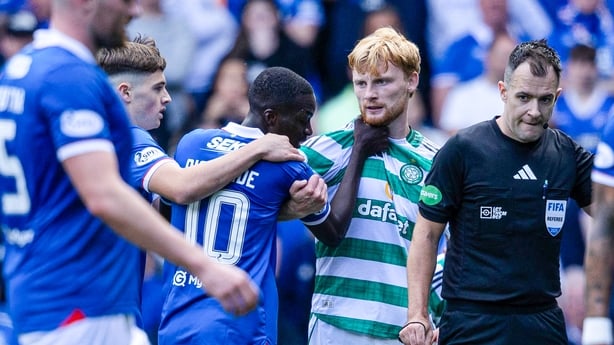 Rangers' Mohamed Diomande grabs Celtic's Liam Scales by the neck during a William Hill Premiership match between Rangers and Celtic at Ibrox Stadium, on August 31, 2025, in Glasgow, Scotland.