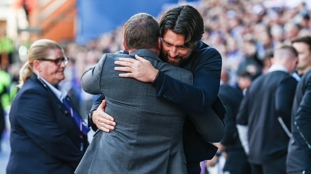 Rangers head coach Russell Martin (R) and Celtic manager Brendan Rodgers during a William Hill Premiership match between Rangers and Celtic at Ibrox Stadium, on August 31, 2025, in Glasgow, Scotland.
