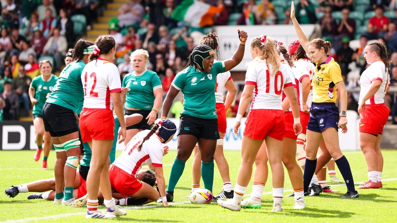 Linda Djougang (c) celebrates after Grace Moore scored of Ireland's sixth try against Spain
