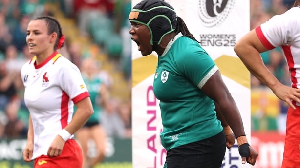 31 August 2025; Linda Djougang of Ireland celebrates after team-mate Eve Higgins, not pictured, scored their third try during the Women's Rugby World Cup 2025 Pool C match between Ireland and Spain at Franklin's Gardens in Northampton, England. Photo by Harry Murphy/Sportsfile