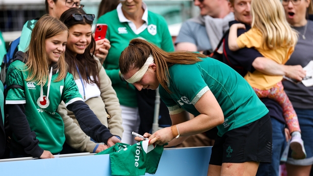 31 August 2025; Claire Boles of Ireland signs autographs after the Women's Rugby World Cup 2025 Pool C match between Ireland and Spain at Franklin's Gardens in Northampton, England. Photo by Harry Murphy/Sportsfile