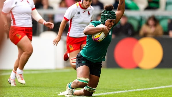 31 August 2025; Grace Moore of Ireland scores her side's fifth try during the Women's Rugby World Cup 2025 Pool C match between Ireland and Spain at Franklin's Gardens in Northampton, England. Photo by Harry Murphy/Sportsfile