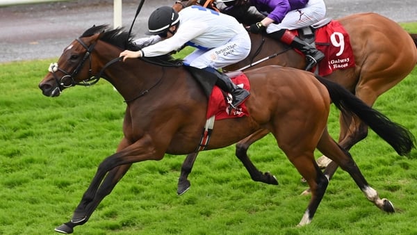 Princess Child ridden by Dylan Browne McMonagle (left) on their way to winning the Irish Stallion Farms EBF Ahonoora Handicap at Galway Racecourse in Galway, Ireland. Picture date: Sunday August 3, 2025.