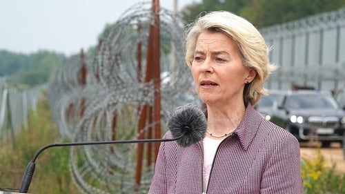 European Commission President Ursula von der Leyen spoke to journalists as she and Polish Prime Minister Donald Tusk visited the fence at the Poland/Belarus border