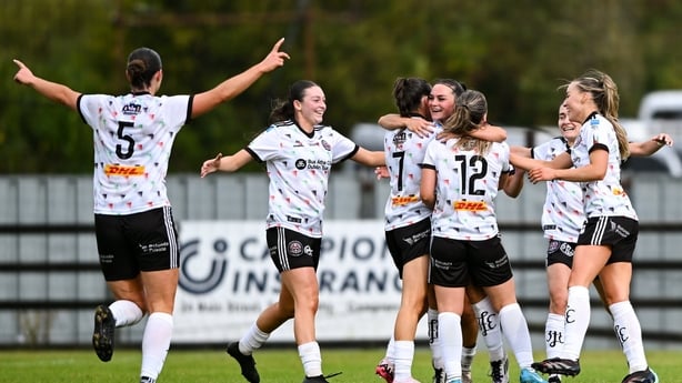 31 August 2025; Alannah McEvoy of Bohemians, centre, celebrates with team-mates after scoring her side's first goal during the All-Island Cup final match between Wexford and Bohemians at Ferrycarrig Park in Wexford. Photo by Shauna Clinton/Sportsfile