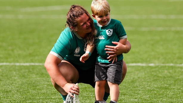 31 August 2025; Player of the match Ellena Perry of Ireland celebrates with her son Bert after the Women's Rugby World Cup 2025 Pool C match between Ireland and Spain at Franklin's Gardens in Northampton, England. Photo by Harry Murphy/Sportsfile
