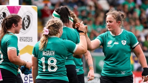 31 August 2025; Enya Breen, right, and Sadhbh McGrath of Ireland after the Women's Rugby World Cup 2025 Pool C match between Ireland and Spain at Franklin's Gardens in Northampton, England. Photo by Harry Murphy/Sportsfile