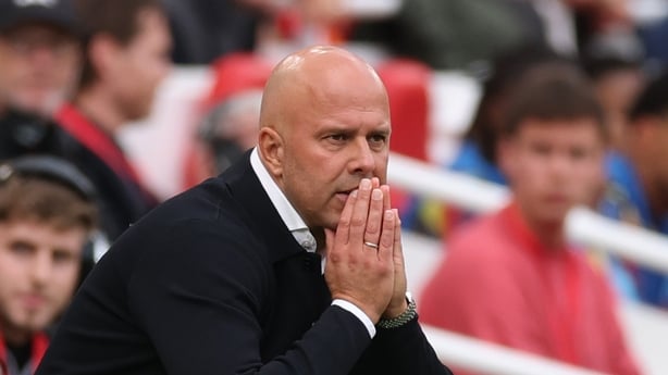 LIVERPOOL, ENGLAND - AUGUST 31: Arne Slot, Manager of Liverpool, reacts during the Premier League match between Liverpool and Arsenal at Anfield on August 31, 2025 in Liverpool, England. (Photo by Carl Recine/Getty Images)