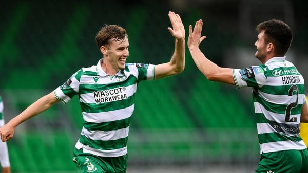 31 August 2025; Matt Healy of Shamrock Rovers, left, celebrates with team-mate Josh Honohan after scoring their side's first goal during the SSE Airtricity Men's Premier Division match between Shamrock Rovers and Drogheda United at Tallaght Stadium in Dub