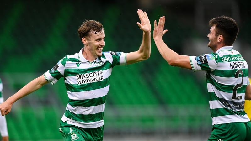 Matt Healy and Josh Honohan celebrate the former's opener against Drogheda United