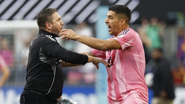Luis Suárez #9 of Inter Miami CF argues after the Leagues Cup Final match between Seattle Sounders and Inter Miami CF