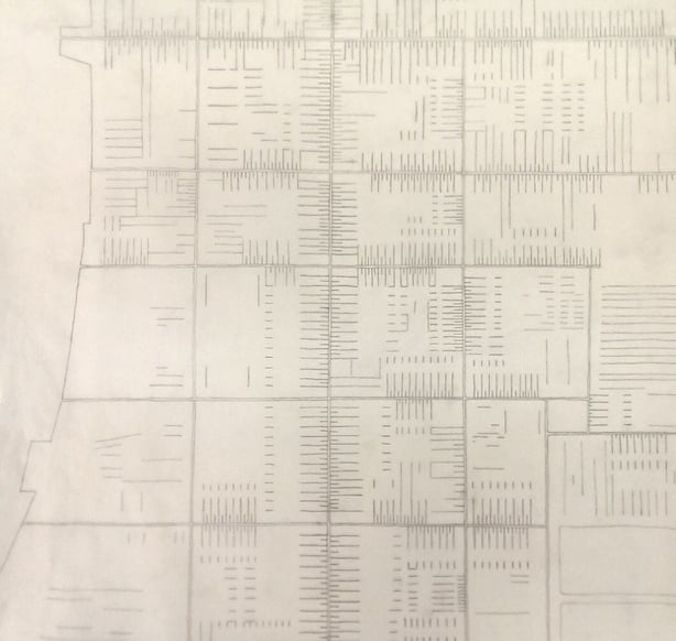 Speculative drawing of subterranean infrastructure of Limerick's Newtown Pery showing chimney party walls, cellars and central culverts under each street by Peter Carroll
