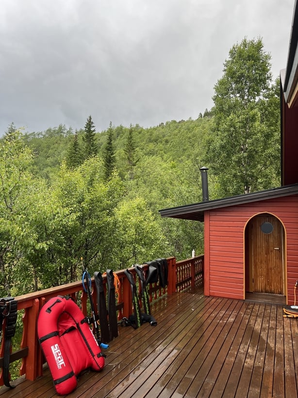 A photo of the outside of a cabin with tall trees in the background