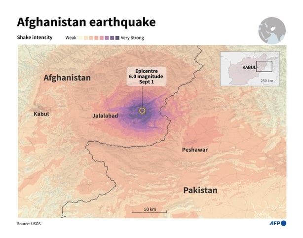 Infographic with a shake intensity map of a 6.0 magnitude earthquake