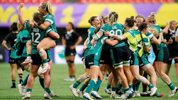 29 September 2024; Ireland players, including Enya Breen and Aoife Dalton, left, celebrate at the final whistle of the WXV1 Pool match between New Zealand and Ireland at BC Place in Vancouver, British Columbia. Photo by Rich Lam / World Rugby via Sportsfile